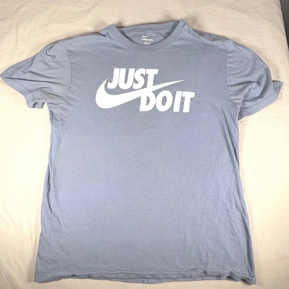 Nike Just Do It Graphic Tee Shirt Blue Grey Short Sleeve Swoosh Logo  Medium